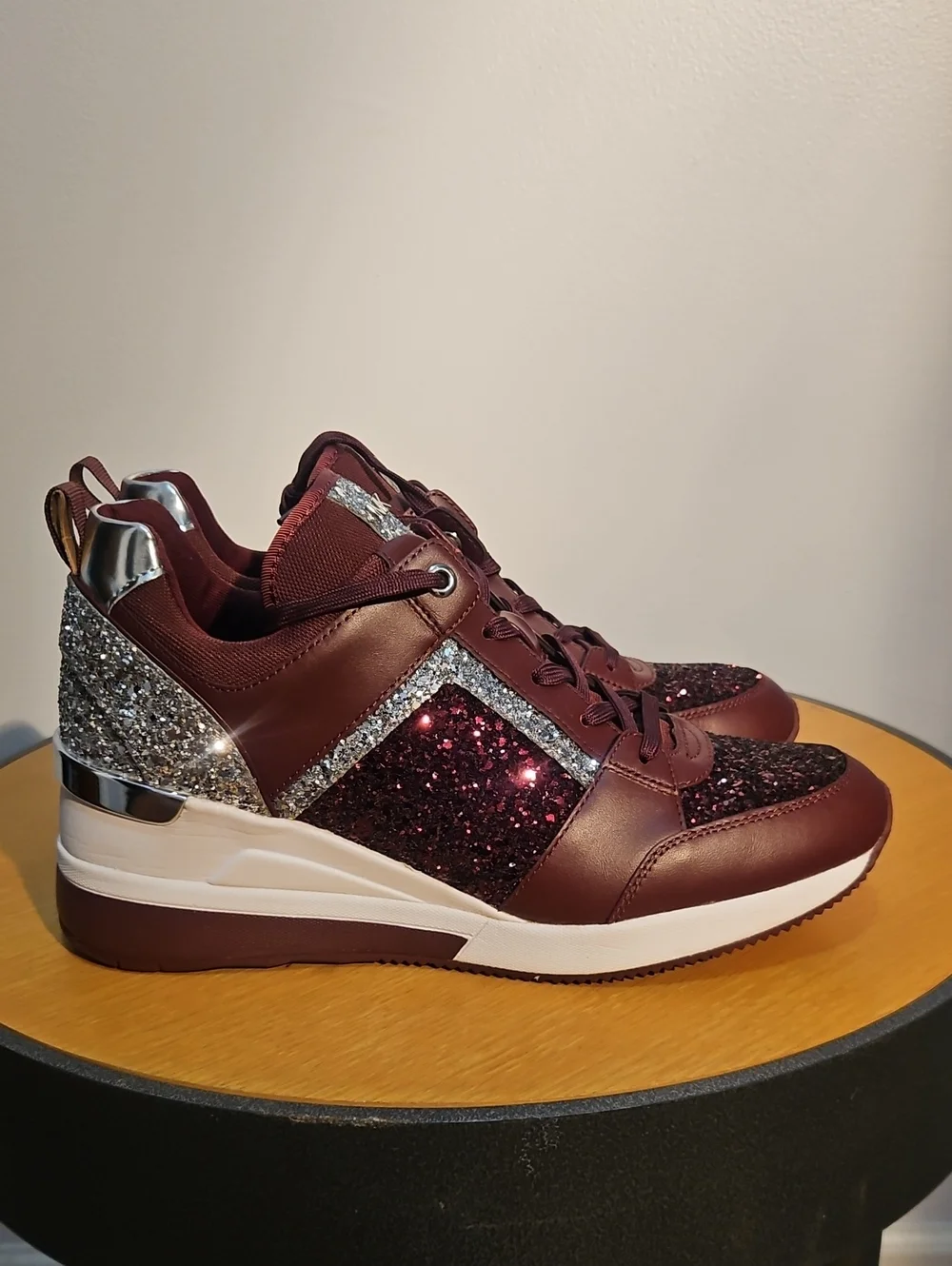 MICHAEL Michael Kors Merlot and Silver Glitter Wedge Sneakers